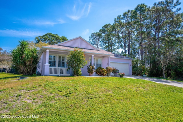 view of front of property featuring a garage, covered porch, concrete driveway, stucco siding, and a front yard