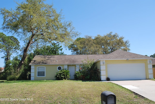 single story home featuring an attached garage, a front lawn, concrete driveway, and stucco siding