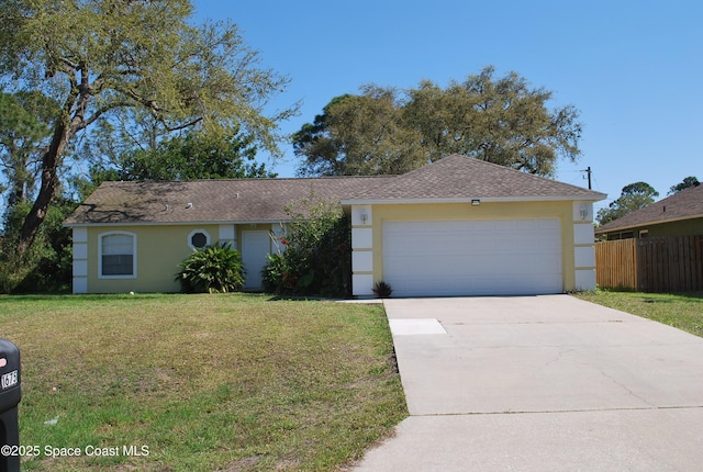 ranch-style home with a garage, fence, driveway, stucco siding, and a front yard