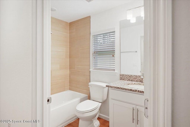 full bath with toilet, shower / bathtub combination, wood finished floors, and vanity