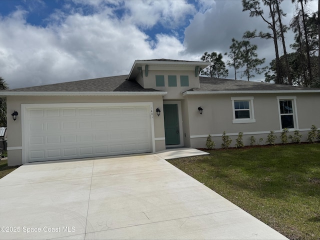 view of front facade with driveway, roof with shingles, an attached garage, a front lawn, and stucco siding