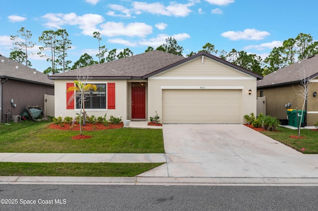 ranch-style house featuring driveway, a front lawn, an attached garage, and stucco siding