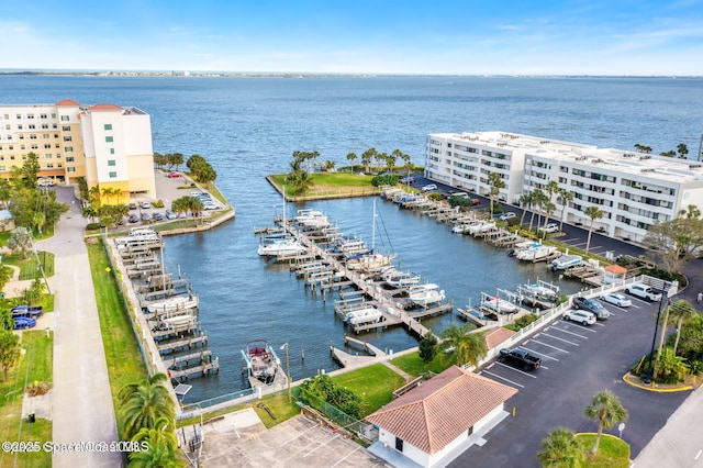 bird's eye view with a water view