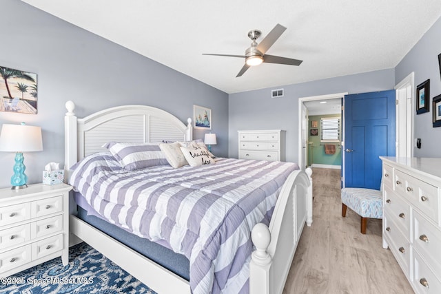 bedroom with light wood-type flooring, visible vents, and a ceiling fan