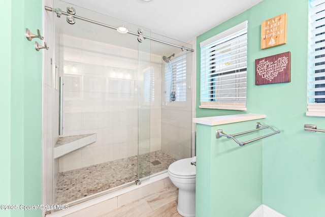 full bathroom with wood finished floors, a shower stall, and toilet