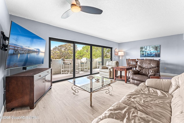 living room featuring a textured ceiling and light wood-style flooring