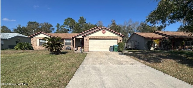 ranch-style home featuring a garage, a front lawn, concrete driveway, and brick siding