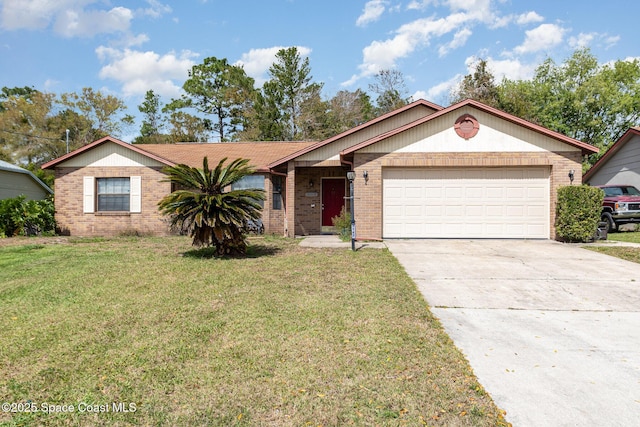 ranch-style house with a garage, brick siding, driveway, and a front yard