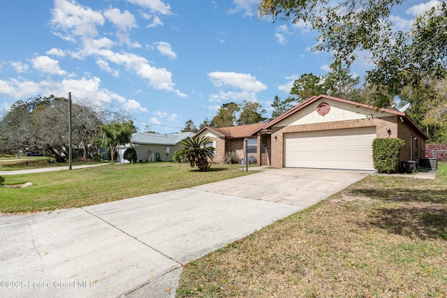 ranch-style house with an attached garage, brick siding, driveway, and a front lawn