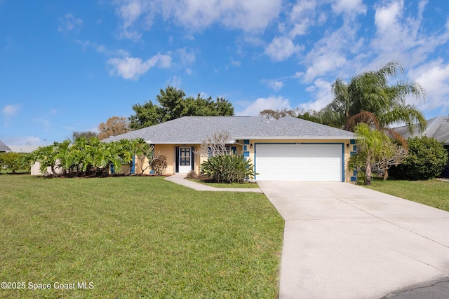 single story home featuring an attached garage, concrete driveway, a front yard, and stucco siding