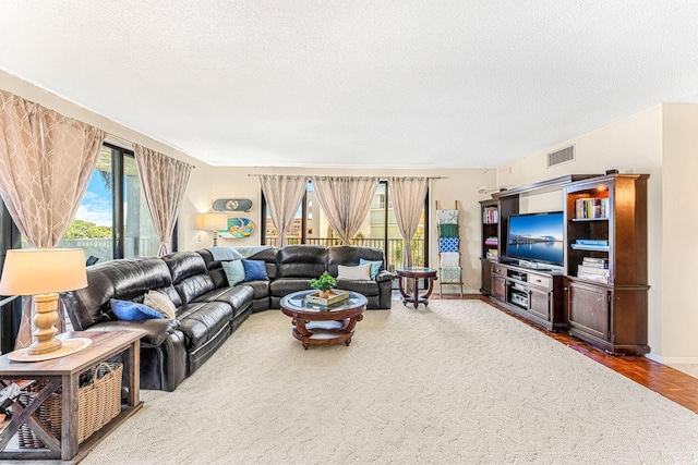 living area with baseboards, a textured ceiling, visible vents, and a wealth of natural light