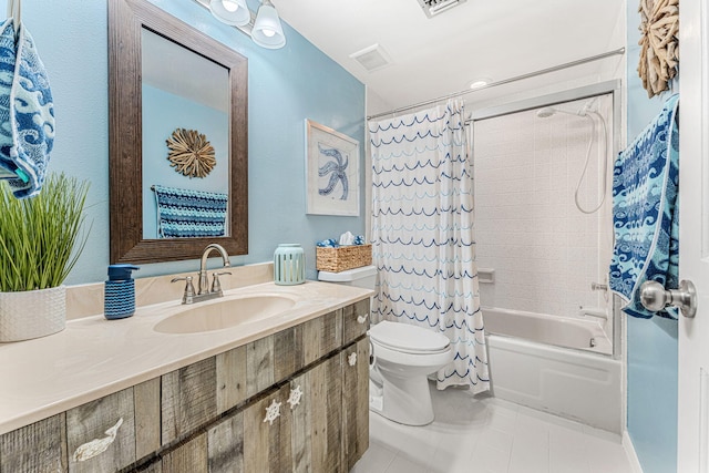 full bath with visible vents, toilet, shower / bath combo, vanity, and tile patterned floors