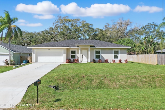 ranch-style house with an attached garage, fence, a front lawn, and stucco siding