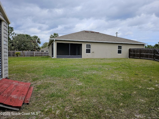 rear view of property featuring a fenced backyard, a lawn, and stucco siding