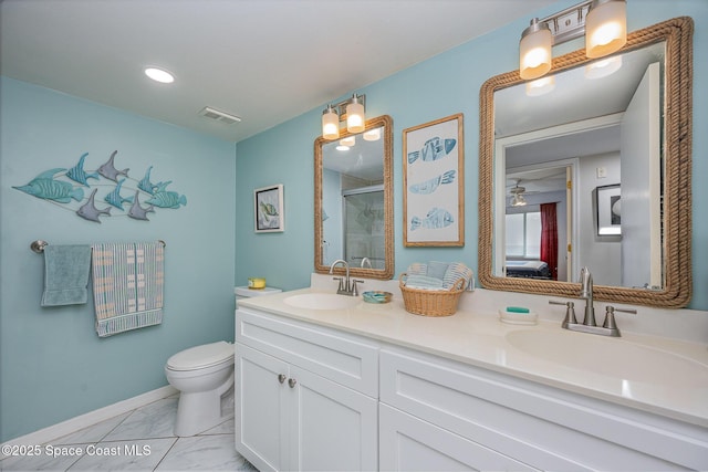 full bathroom featuring a stall shower, visible vents, a sink, and toilet