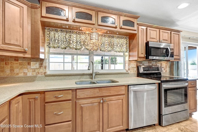 kitchen featuring appliances with stainless steel finishes, a healthy amount of sunlight, a sink, and glass insert cabinets