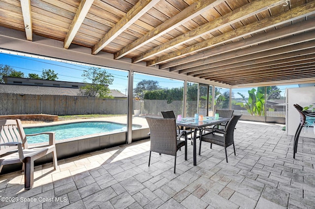 view of patio / terrace with a fenced in pool, outdoor dining space, and a fenced backyard