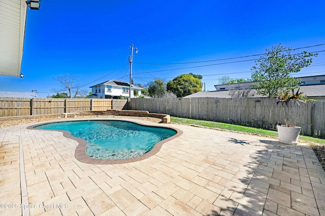 view of pool featuring a patio area, a fenced backyard, and a fenced in pool