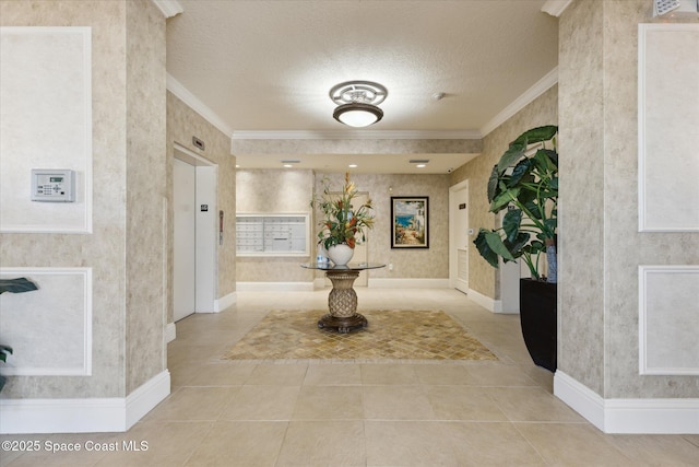 hallway featuring tile patterned floors, a textured ceiling, wallpapered walls, and ornamental molding