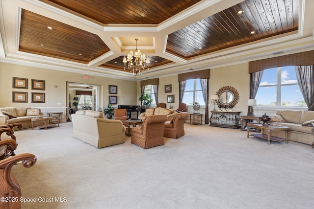 carpeted living area featuring recessed lighting, wooden ceiling, crown molding, and an inviting chandelier