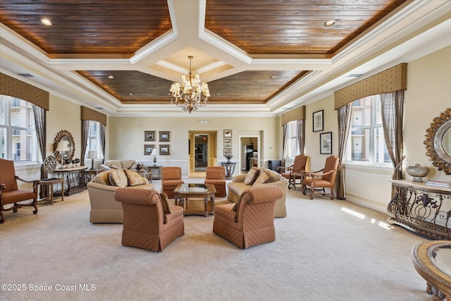 living room with a chandelier, wooden ceiling, light carpet, and crown molding