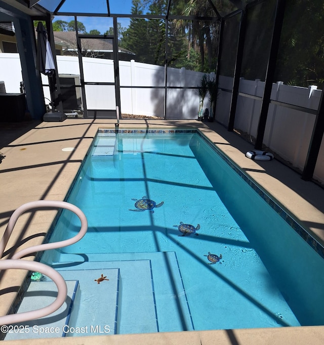 view of pool featuring a fenced in pool, glass enclosure, a patio, and fence