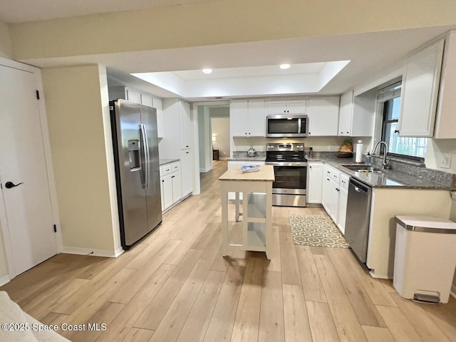 kitchen with a tray ceiling, appliances with stainless steel finishes, white cabinets, and a sink