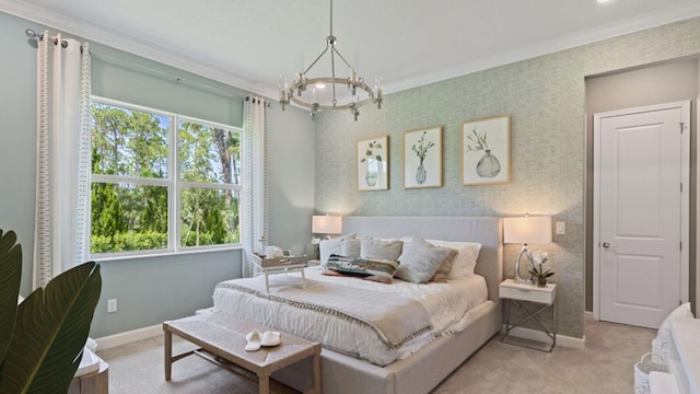 bedroom featuring a notable chandelier, ornamental molding, light carpet, baseboards, and wallpapered walls