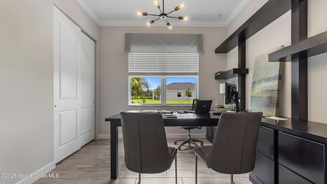 office space with baseboards, light wood-style floors, an inviting chandelier, and crown molding