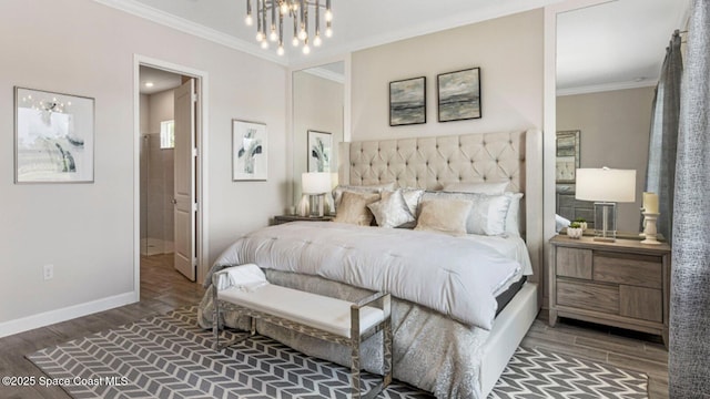 bedroom featuring an inviting chandelier, crown molding, baseboards, and wood finished floors