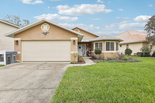 ranch-style home featuring an attached garage, concrete driveway, a front yard, and stucco siding