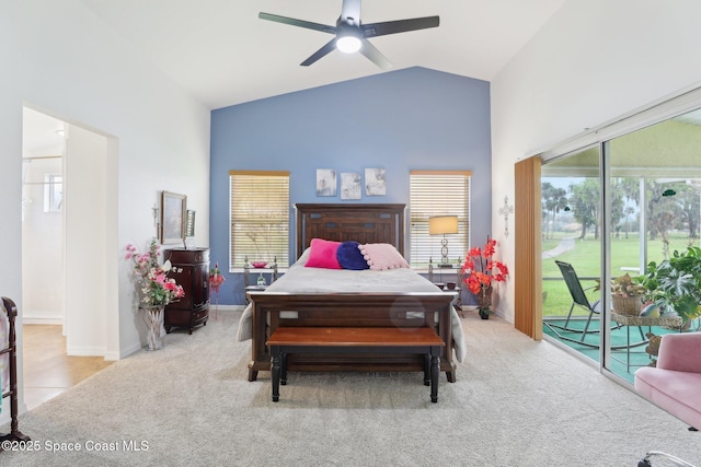 bedroom featuring baseboards, a ceiling fan, lofted ceiling, access to outside, and carpet flooring