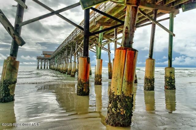 exterior space featuring a pier and a water view