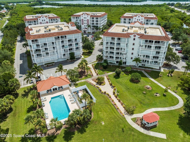 aerial view with a water view