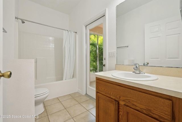 full bath with vanity, tile patterned floors, toilet, and shower / bathtub combination with curtain