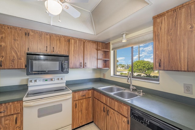 kitchen featuring white range with electric cooktop, dishwasher, dark countertops, black microwave, and a sink