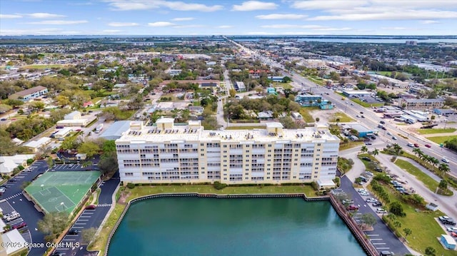 bird's eye view with a water view