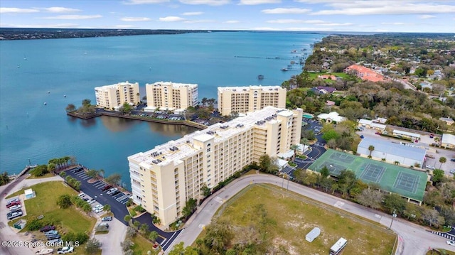 aerial view featuring a water view and a city view
