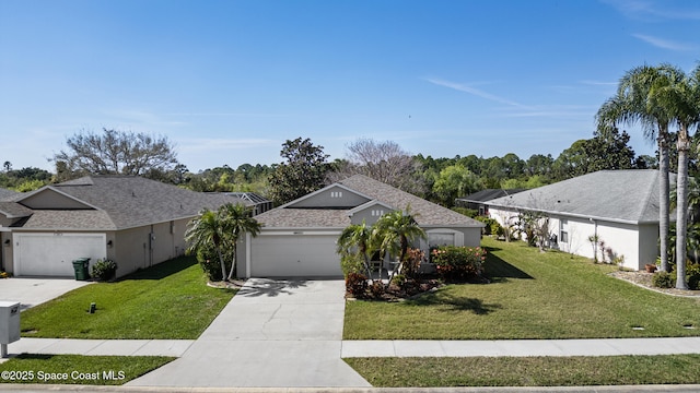 single story home featuring driveway, a front lawn, an attached garage, and stucco siding