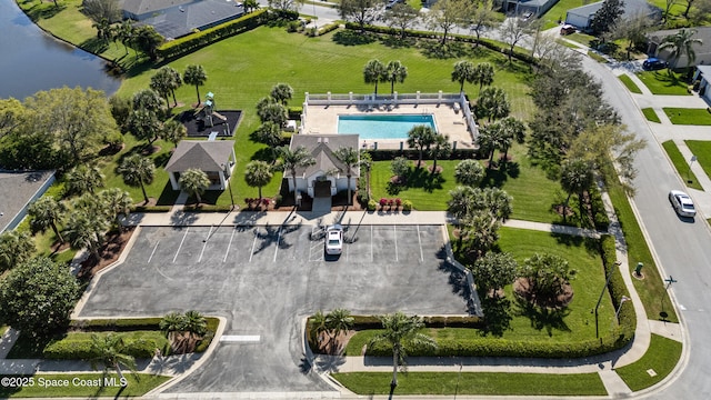 drone / aerial view featuring a water view