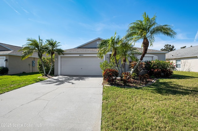 single story home featuring a garage, driveway, a front yard, and stucco siding