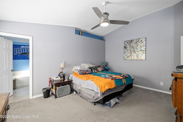 bedroom with lofted ceiling, carpet flooring, ceiling fan, a textured ceiling, and baseboards