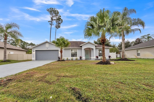 ranch-style home with a garage, driveway, a front lawn, and fence