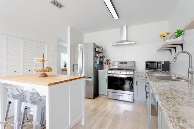 kitchen featuring butcher block counters, appliances with stainless steel finishes, wall chimney range hood, open shelves, and a sink