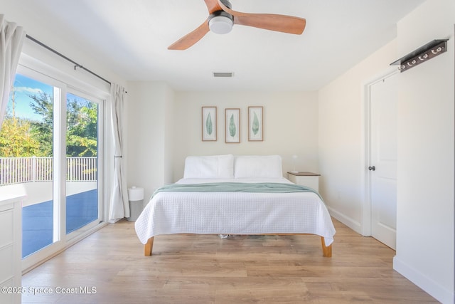 bedroom with light wood finished floors, visible vents, ceiling fan, access to outside, and baseboards