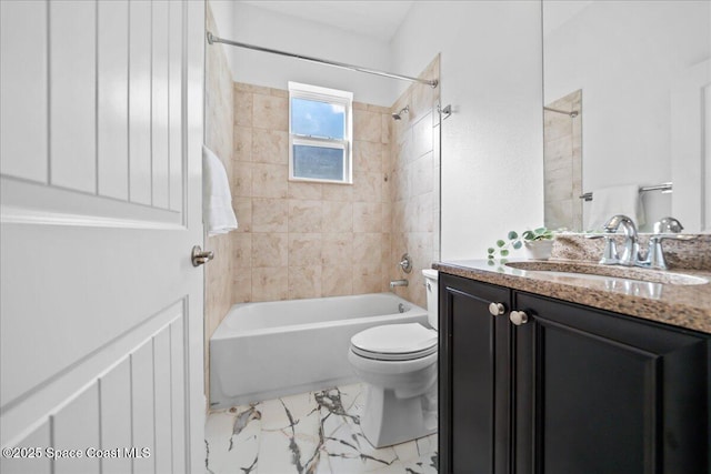 full bathroom featuring marble finish floor, shower / tub combination, vanity, and toilet