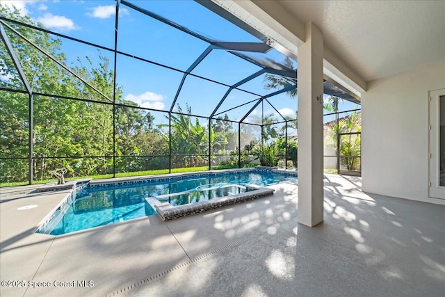 view of swimming pool featuring a patio and glass enclosure