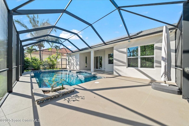 view of swimming pool with a patio area, a lanai, and a pool with connected hot tub