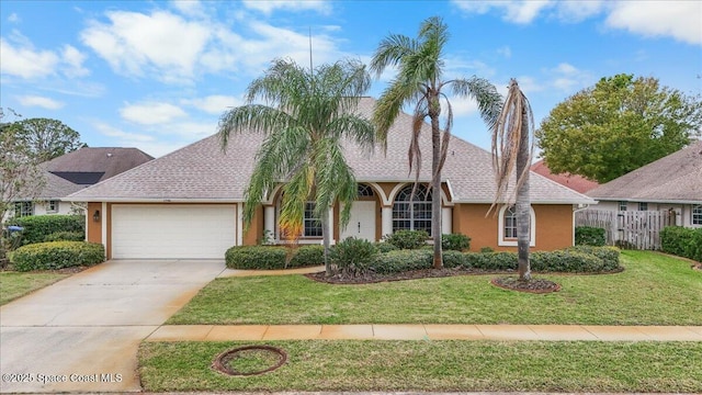 view of front of property featuring an attached garage, driveway, a front yard, and fence