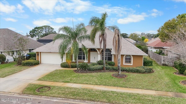 view of front facade with a garage, a shingled roof, fence, concrete driveway, and a front yard